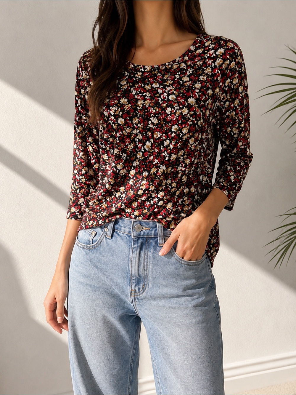 J.Jill Wearever Collection Black & Red Floral Knit Top – Size Small